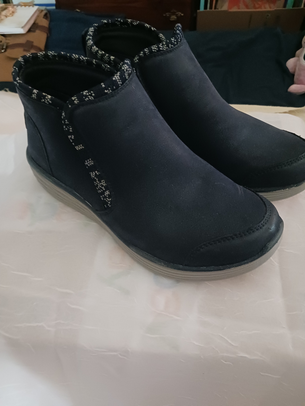 Ryka Navy Slip-On Ankle Booties with Patterned Trim